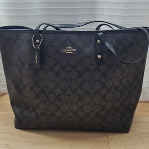 Coach City Tote Signature Canvas Black Leather Trim Gold Hardware